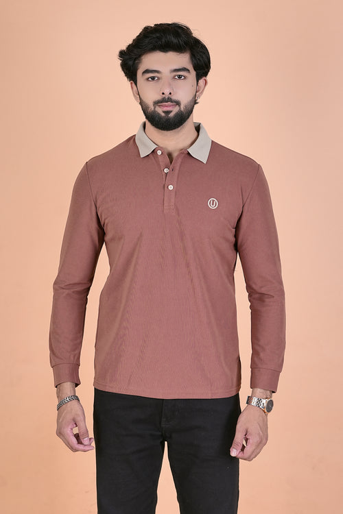 Men’s Elite Full-Sleeve Burnt Orange Polo – Premium Breathable