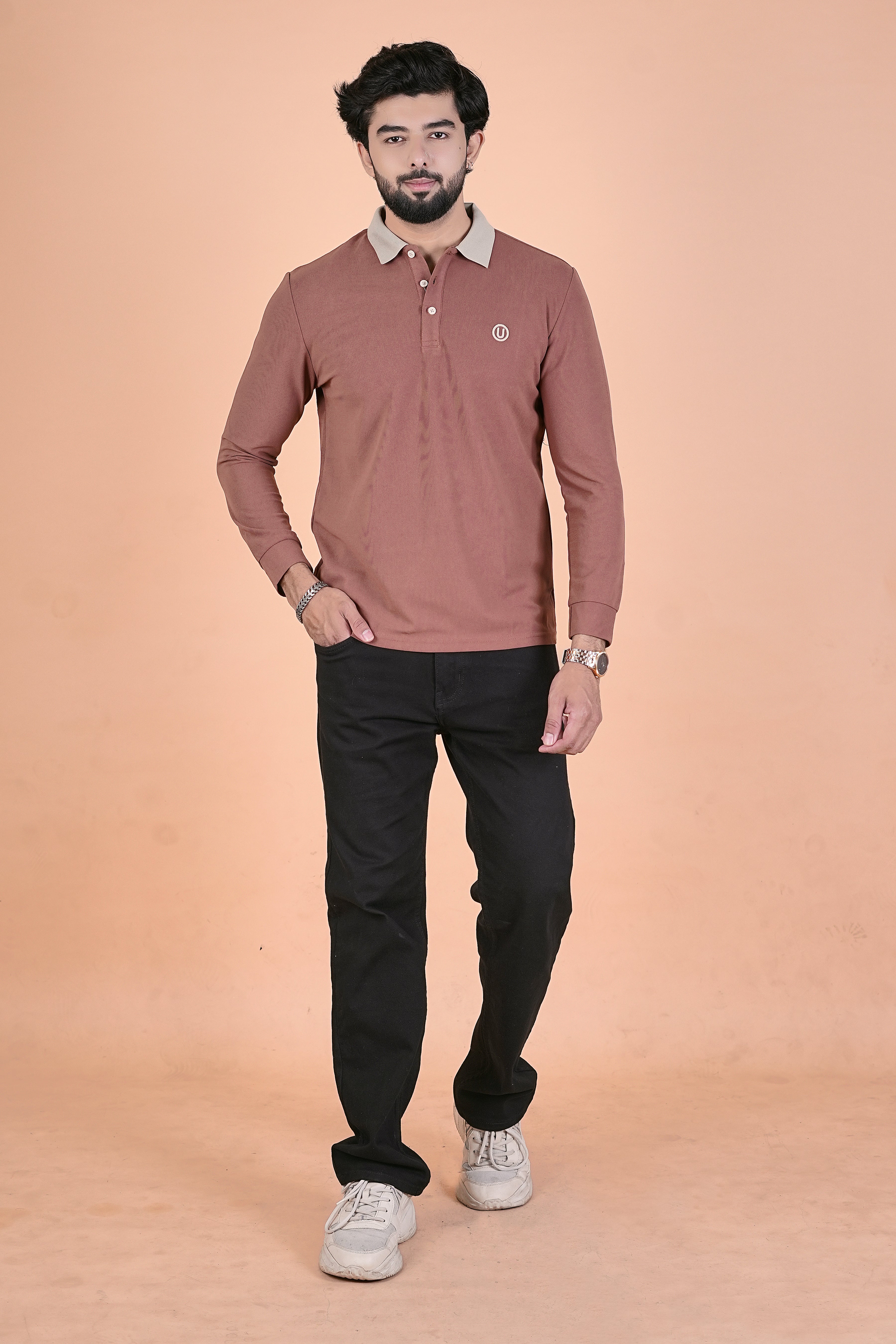 Men’s Elite Full-Sleeve Burnt Orange Polo – Premium Breathable