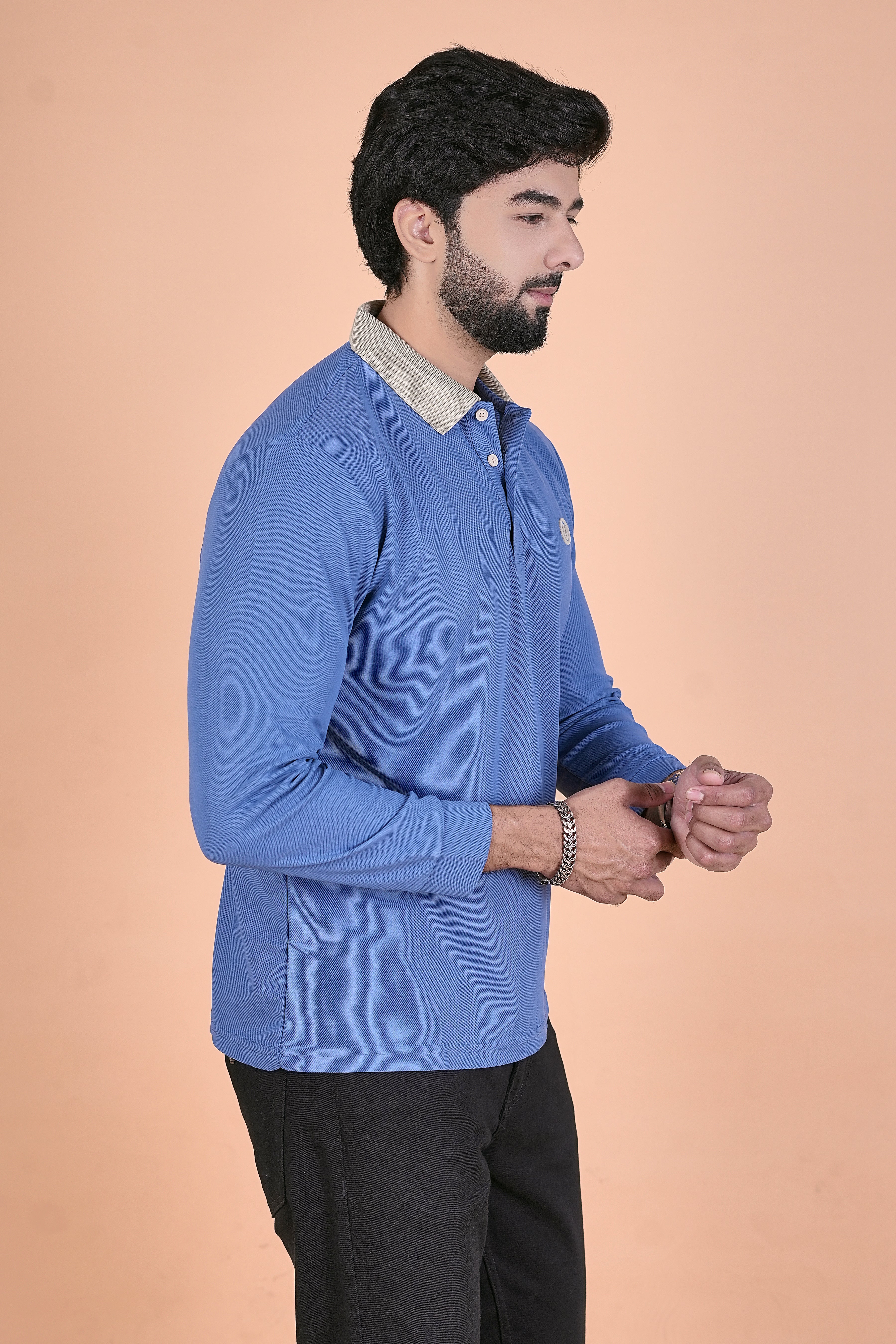 Men’s Elite Full-Sleeve Sky Blue Polo – Premium Breathable