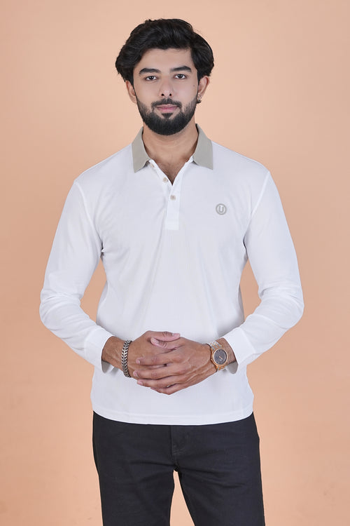 Men’s Arctic White Full-Sleeve Polo – Premium Breathable